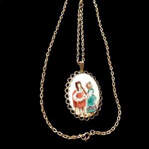 Edwardian porcelain costumed couple hand painted signed pendant necklace 22” L